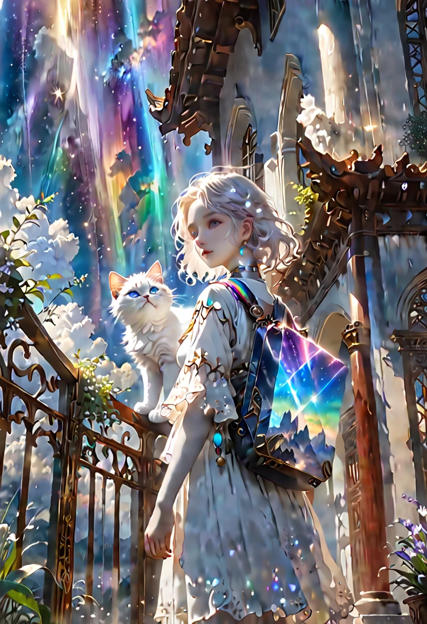 (8K、Raw photo、highest quality、look up:1.2、masterpiece:1.2、genuineistic、ultra high resolution、high contrast、photon mapping、genuine、Super detailed、official art, Raw photo、professional lighting、 light、Vivid atmosphere、twicelight) (1 girl), (One white kitten)A girl and a kitten on a hill。A breathtaking view from the hilltop。When the sun rises、Stars in the sky々And the Milky Way shines、The city of the future appears in the air like a heat haze.、On the ground、Surrounded by greenery、A medieval Roman city-state on the shores of a lake、Shining in the morning sun。An atmosphere that exudes the excitement of adventure。High Fantasy Worldview, Beautiful depiction of grand composition and proportions, Guardian nebula of rainbow light and silvery vapor, Corrosive Encirclement Ray Family Color, slimy air feeling,