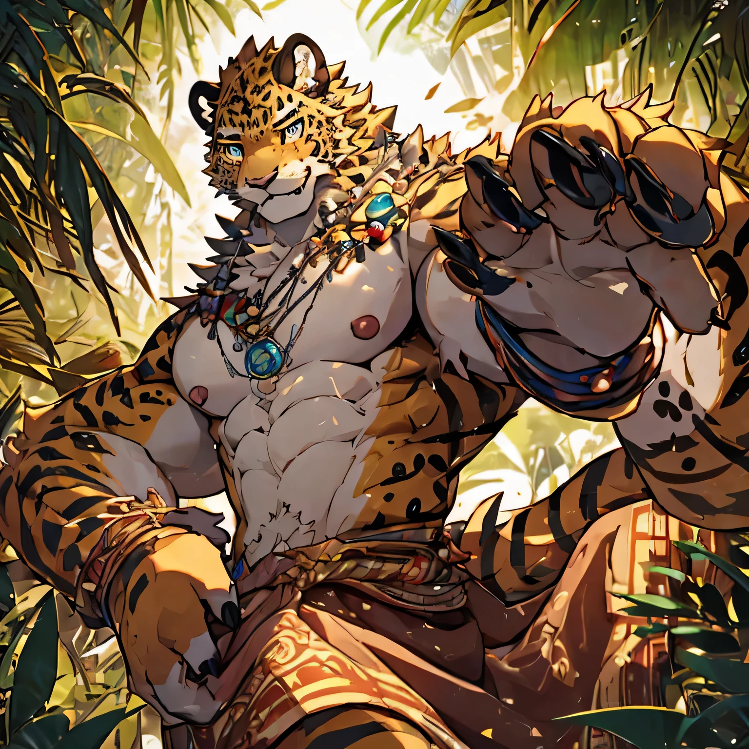 Disdainful face,4k, actual, high detail, super detailed, Leopard,juvenile,Golden fur,savage,Wearing a grass skirt,There is a totem on the face,Holding a long,The background is a jungle