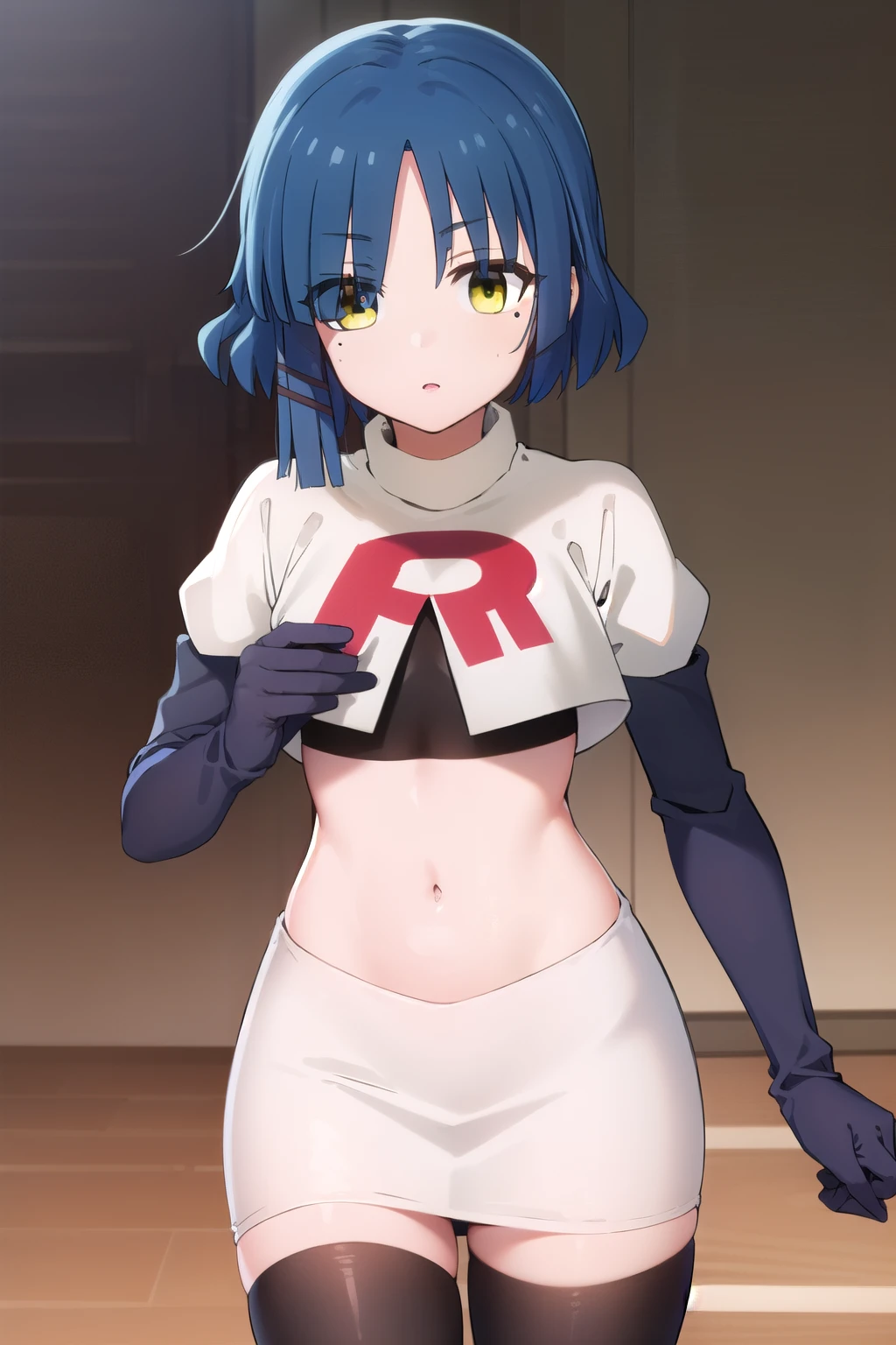 ryouyamada, ryou yamada, blue hair, eyes visible through hair, mole, mole under eye, short hair, (yellow eyes:1.3), hairclips,
BREAK team rocket,team rocket uniform,white skirt,red letter R,crop top,black thigh-highs,black elbow gloves
BREAK looking at viewer, (cowboy shot:1.5),
BREAK (masterpiece:1.2), best quality, high resolution, unity 8k wallpaper, (illustration:0.8), (beautiful detailed eyes:1.6), extremely detailed face, perfect lighting, extremely detailed CG, (perfect hands, perfect ???????),