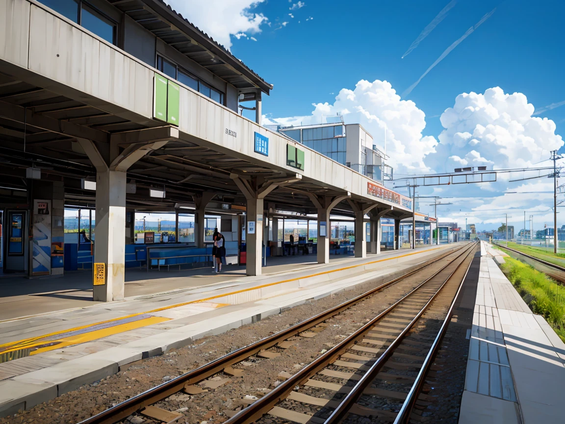 highest quality, beautiful vast plains, Lush, flower, earth, horizon, (Detailed modern station platform with a girl), cumulonimbus, Blue sky, Showers, eki platform, shinkai makoto