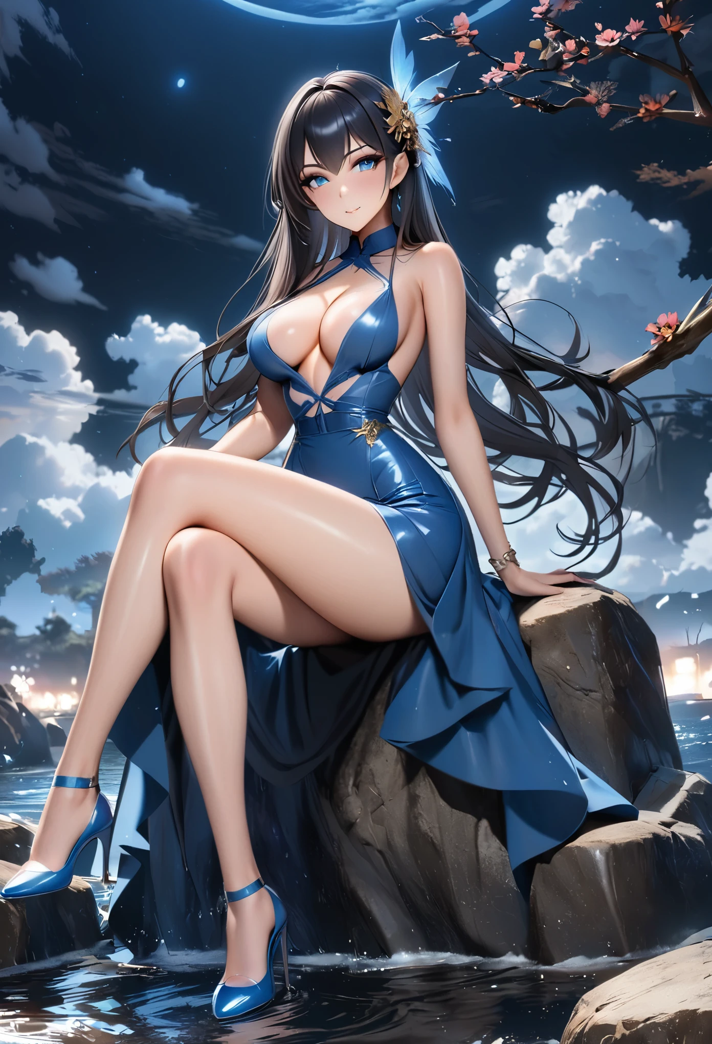 1 milf,high heels, bare legs, sitting, sky, crossed legs, dress, long hair, black hair, solo, breasts, legs, night, blue eyes, water, bare shoulders, cloud, blue dress, full body, cleavage, large breasts, flower, night sky, hair ornament, rock, branch,(tall:1.5),(narrow waist:1.2),(model:1.5),glamor,slender,,