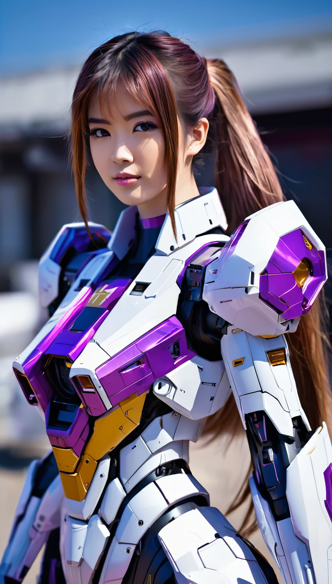 RAW, Masterpiece, Ultra Fine Photo,, Best Quality, Ultra High Resolution, Photorealistic, Sunlight, Full Body Portrait, Stunningly Beautiful,, Dynamic Poses, Delicate Face, wearing a mecha sun glass future transparent neon, Vibrant Eyes, a full body of a woman in a purple and white gundam custume, dybamic pose, pony tail long brown very very long hair rapunzel, girl in mecha cyber armor, portrait armored astronaut girl, d. va from overwatch, female mecha, on a gundam, gundam head, chiho aoshima color scheme, mobile suit, streamlined purple armor, fully robotic!! girl, realistic cosplay, gundam armor (dynamic pose) (best cameraview), full body, sit down, full body