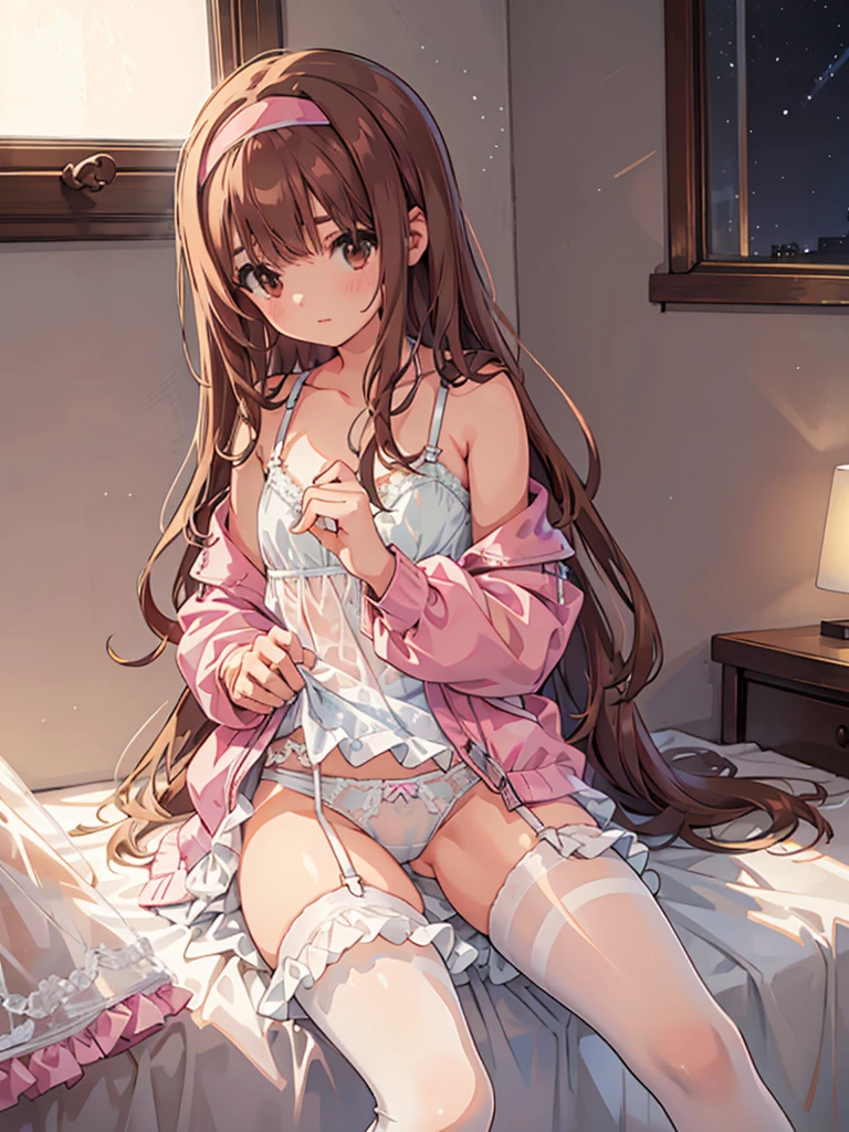 beautiful illustrations, highest quality, pretty girl, 1girl, Bedroom, pastel colour, (two-separated lingerie), reddish brown long hair, headband, cute lingerie, bright lighting