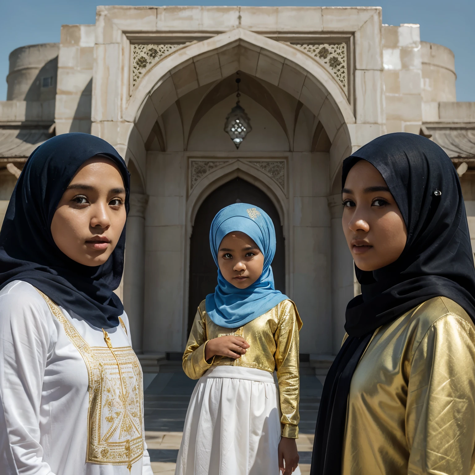 Photorealistic consisting of five persons, an indonesian man with skul cap, a boy with skul cap, a girl with long hijab, a baby boy with skul cap and a chubby face woman with long hijab, standing against a beautiful blue and gold background , wore white Islamic clothes , The background has a luxurious geometric design, similar to the architecture of a mosque or palace.