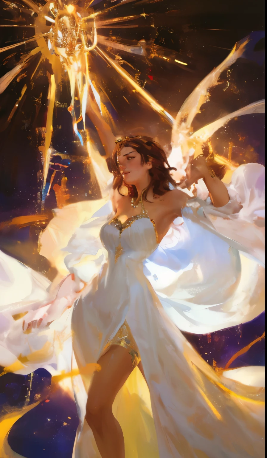NSFW Neon, Retro, fantasy, Holy Virgin, Goddess, 23-year-old girl, sweet face, with long brown hair, dark skin, in a light open white dress with diamonds on the fabric with open shoulders, expressive breasts, gorgeous, face looks like Emilia Clarke, 8K, HD