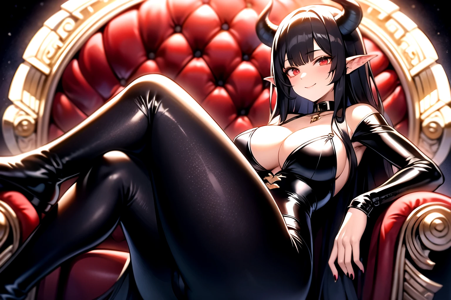 confident, goth succubus with horns and black hair, curvy hentai girl, sexy latex, big , big ass, royal princess, sitting in a throne