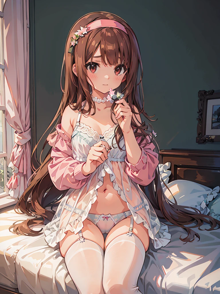 beautiful illustrations, highest quality, pretty girl, 1girl, Bedroom, pastel colour, (two-separated lingerie), reddish brown long hair, headband, cute lingerie, bright lighting