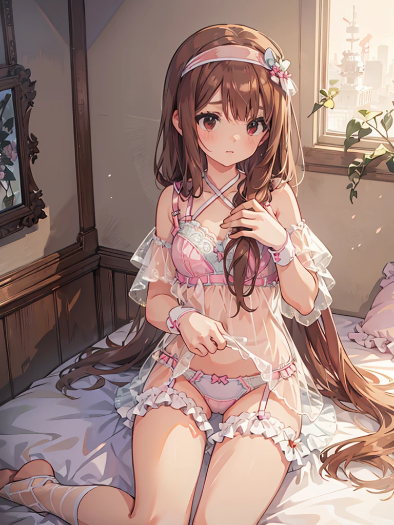 beautiful illustrations, highest quality, pretty girl, 1girl, Bedroom, pastel colour, (two-separated lingerie), reddish brown long hair, headband, cute lingerie, bright lighting