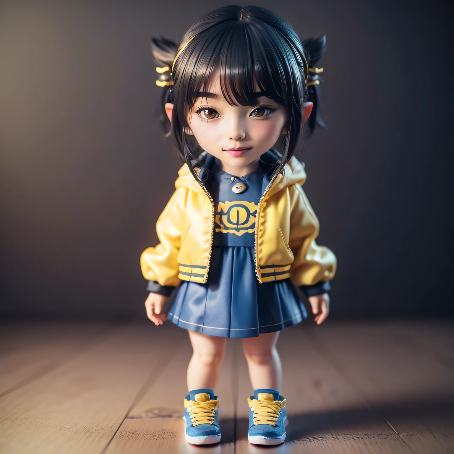 Blind box style girl full body, Chibi, Blue and yellow super detailed hair shades, 3D, c4dblender, OC renderer, ultra hd, 3D rendering