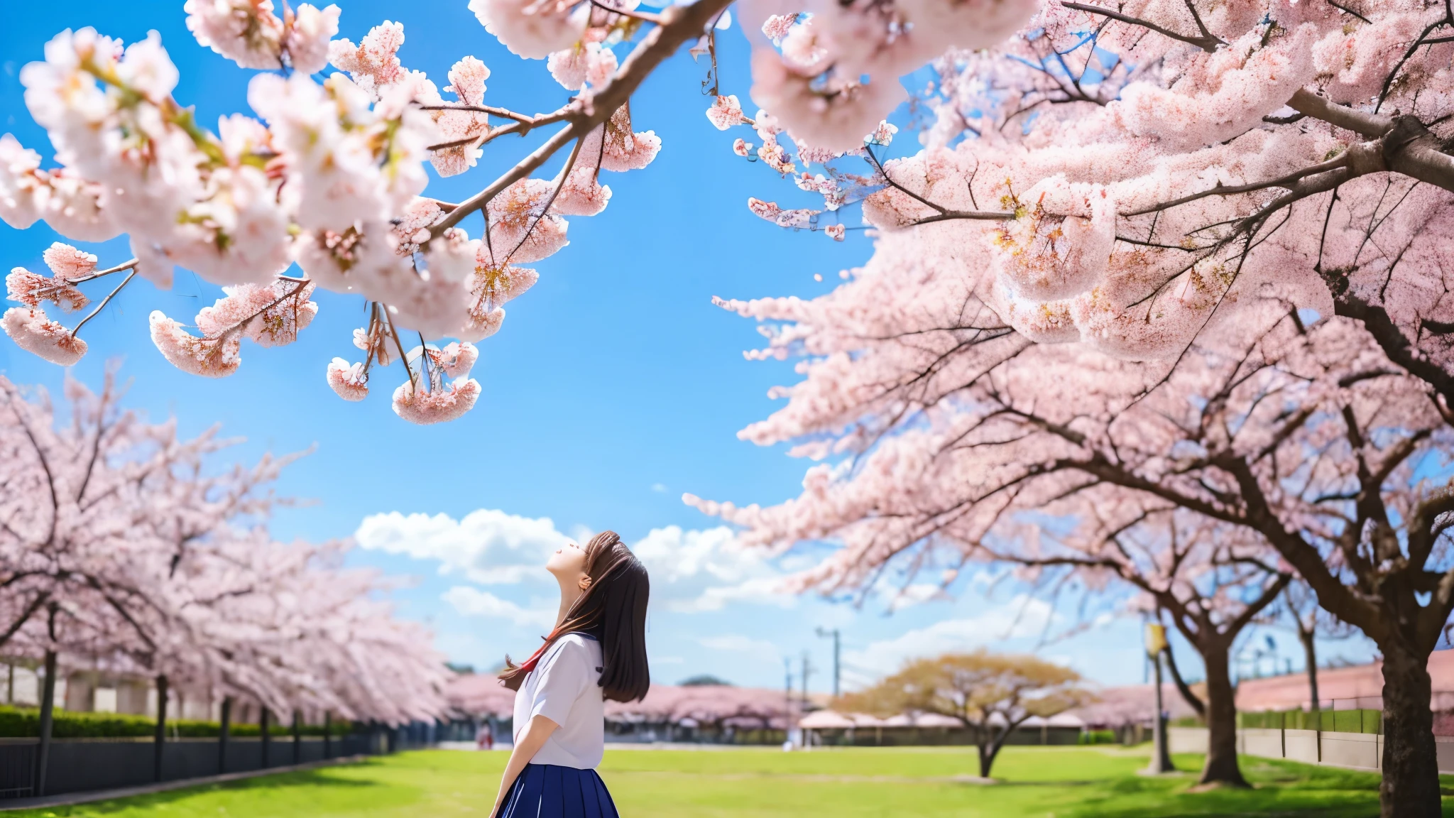 A teenage girl stands at the foot of a tree full of cherry blossoms in natural surroundings。, in anime style, Produced at Anime Artist Studio,A posture that looks like looking up at the beautiful spring sunshine and blue sky.,Full body view