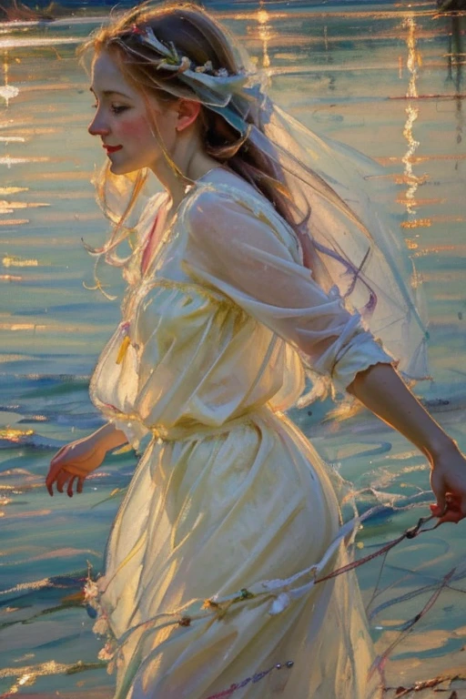 Morning lakeside 8K,Masterpiece,Top Quality,From Below,Dynamic Pose,1 Girl,Portrait,Watercolor Sketch,Light,Long Hair,Reaching,Happy,Watercolor˶(Medium), Light Background
