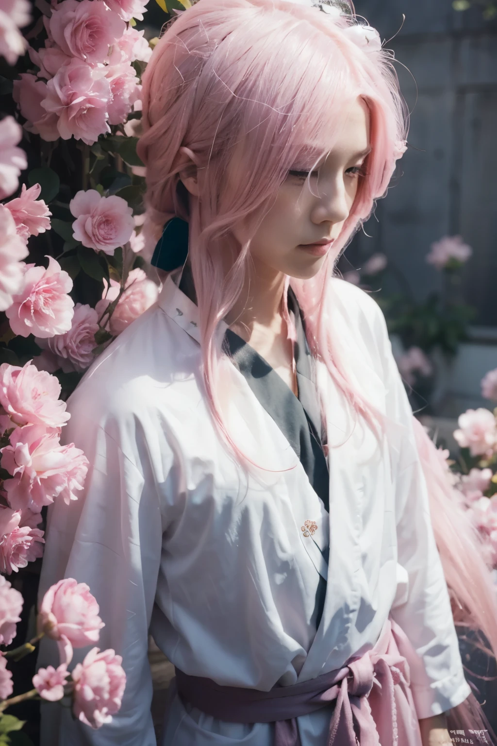 More long pink hair, More long pink hair, More more more long pink hair, make flower is pink too, he wear white kimono, beutiful and gentle, slient, detail face