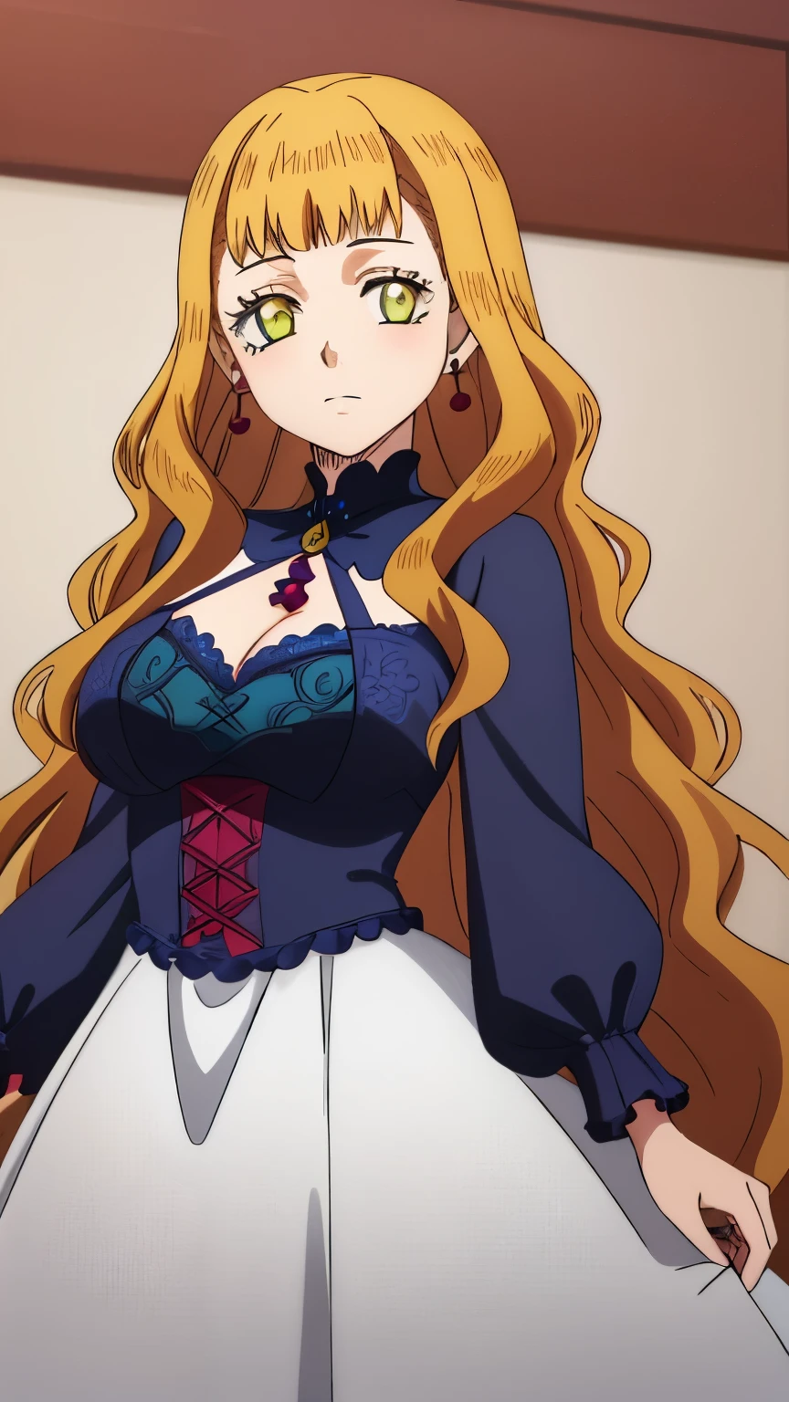 highest quality,very detailed,masterpiece,disorganized,detailed face,beautiful face,fine eyes, deep eyes,soft expression,girl１name,  Mimosa, green eyes, orange hair, long hair,wavy hair, Bangs Alone, jewelry, dress, earrings, stylish pose, stylish angle,looking at the viewer, in the center of the image,cowboy shot,