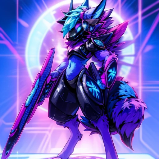 Fox Mech　The wide-hip femboy archetype, purple hair, Yellow bright highlights. blue eyes. Tufts of fine purple hair, Have a futuristic gun. Blue symbols. Standing confused.　The belly color is group　The feet and hands have black hands　And it has little purple horns on its head.