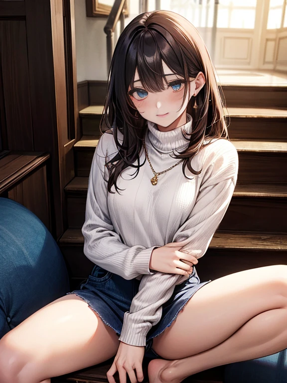 photorealism、highest quality、超A high resolution、picture、extraordinary beautiful girl、Shiny highlights on cheeks、可愛くてbeautiful顔の詳細、(Pueros face_V1:0.008)、beautiful bangs、Radiant, fair, glowing skin、bangs between eyes、艶のあるbeautiful髪、silky highner hair、high resolution eyes、beautiful, Bright and clear, small eyes、eyeliner、double eyelid、Looks like a whole body、blush、embarrassing、small shiny necklace and earrings, glossy lips: 1.4, (shy laugh)、Kamimei、blush、涙はembarrassing、(Turtleneck Knitwear)、((denim mini skirt))、((blue lace panties))、((open your knees))、((open your legs))、((disheveled clothes))、((dressing))、plump nipples、20 year old neat female teacher、brown hair, bangs flowing diagonally, medium wavy long hair, blue eyes, medium chest size, (sit on the stairs)