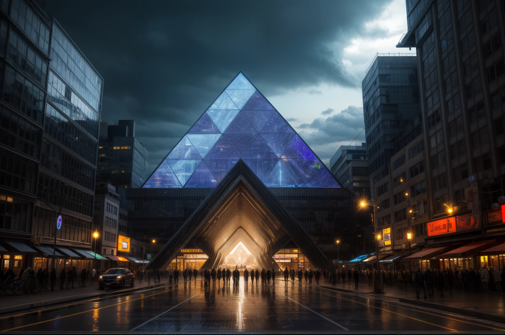 best quality,masterpiece:1.2,ultra-detailed,realistic,photorealistic:1.37,3D rendering,[cyberpunk], a futuristic building,triangular shape,large size,pyramid-like, Giant Geometric Shape,modern design,[neon lights],[vibrant colors],high-tech elements,sleek surfaces,metallic materials,glass windows,intense energy,[electricity sparks],solar panels,interactive holograms,cybernetic enhancements,[rainy weather],mysterious vibes,technological advancements,urban landscape,immersive experience,a building that stands alone.,Surrounding is a wide open area.
