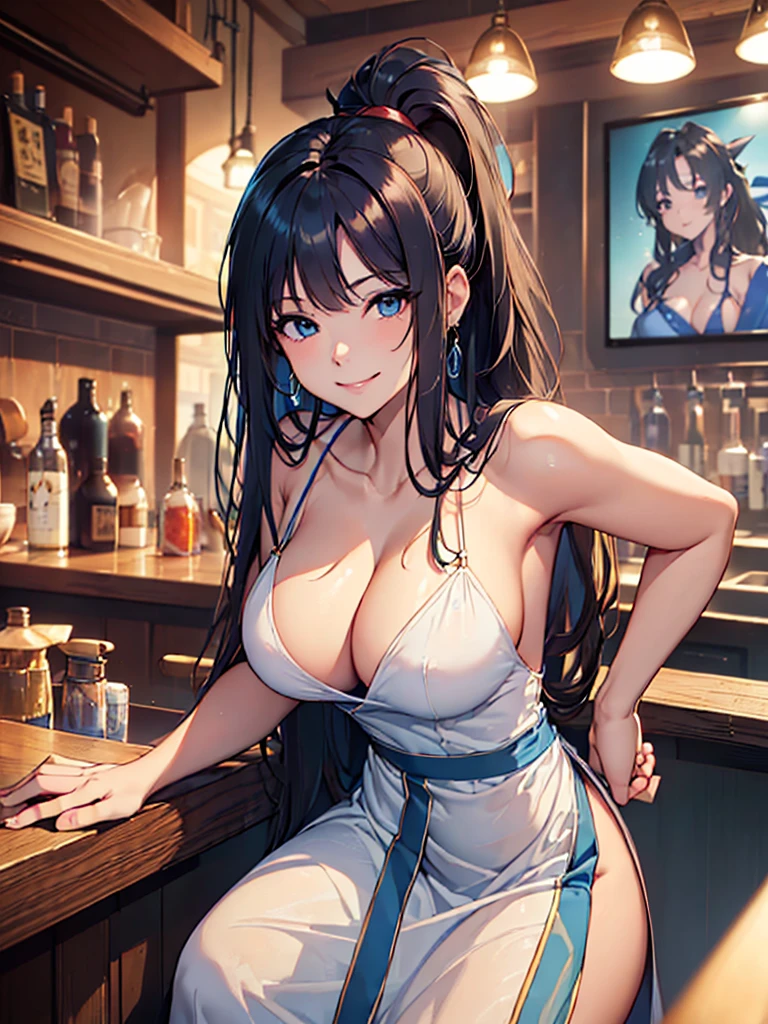 (masterpiece、top-quality、hight resolution、Unity 8k、extremely details CG:1,Best Picture)、(((seduction、blue slip dress)))、((Villainous smile、bar、Counter Seating))、(wavy hair、ponytail)、nsfw、Emphasis on cleavage