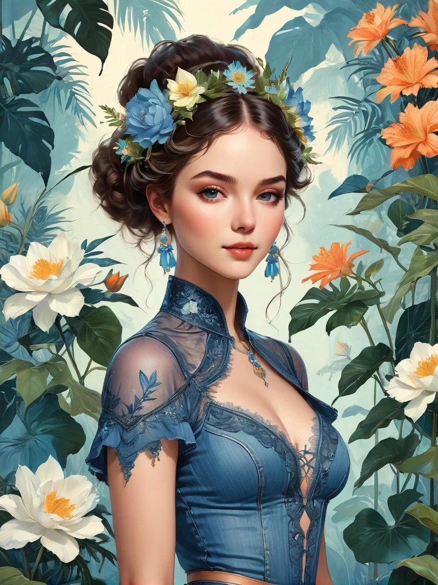 Summer tropical floral forest, at the Victoria's Secret Fashion Show, a Western beautiful girl wearing a denim blue sexy lace-trimmed top, adorned with flowers and plants, perfect symmetrical body shape, beautiful flawless symmetrical face, complex, elegant, very detailed, 8K, digital, trending on Pinterest, "Harper's Bazaar", concept art, sharp focus, illustration, authors: Art Jem, Tom Bagshaw, Lawrence Alma-Tadema, Greg Rutkowski, Norman Rockwell, golden ratio, gentle smile