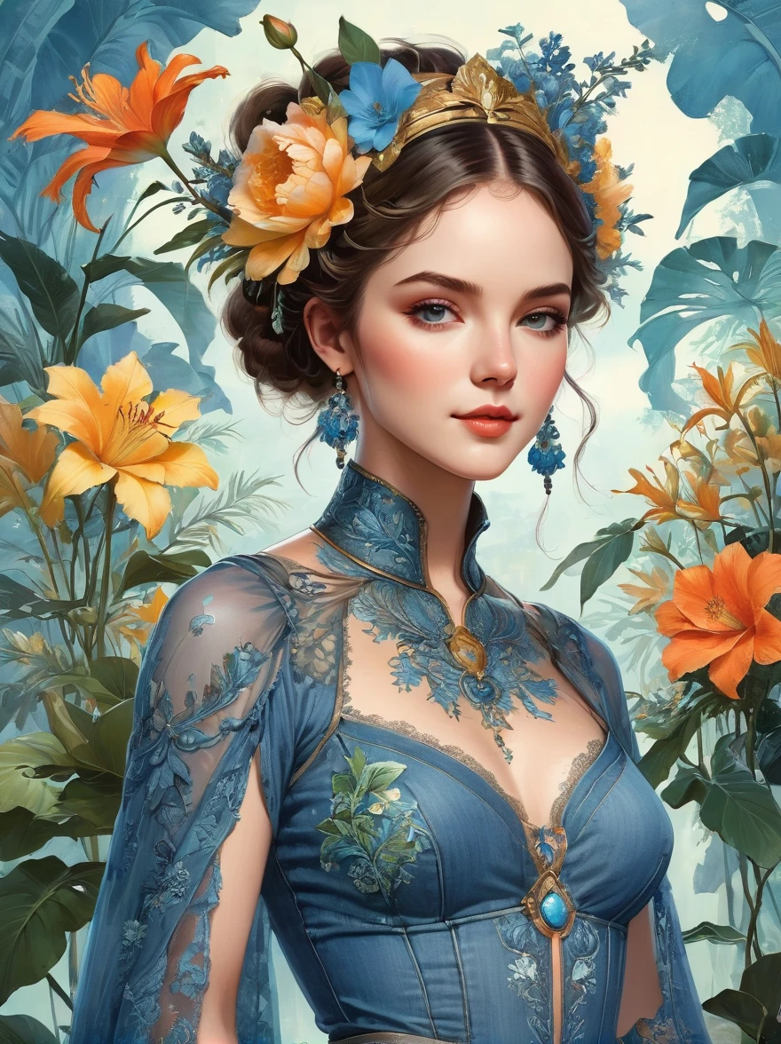 Summer tropical floral forest, at the Victoria's Secret Fashion Show, a Western beautiful girl wearing a denim blue sexy lace-trimmed top, adorned with flowers and plants, perfect symmetrical body shape, beautiful flawless symmetrical face, complex, elegant, very detailed, 8K, digital, trending on Pinterest, "Harper's Bazaar", concept art, sharp focus, illustration, authors: Art Jem, Tom Bagshaw, Lawrence Alma-Tadema, Greg Rutkowski, Norman Rockwell, golden ratio, gentle smile