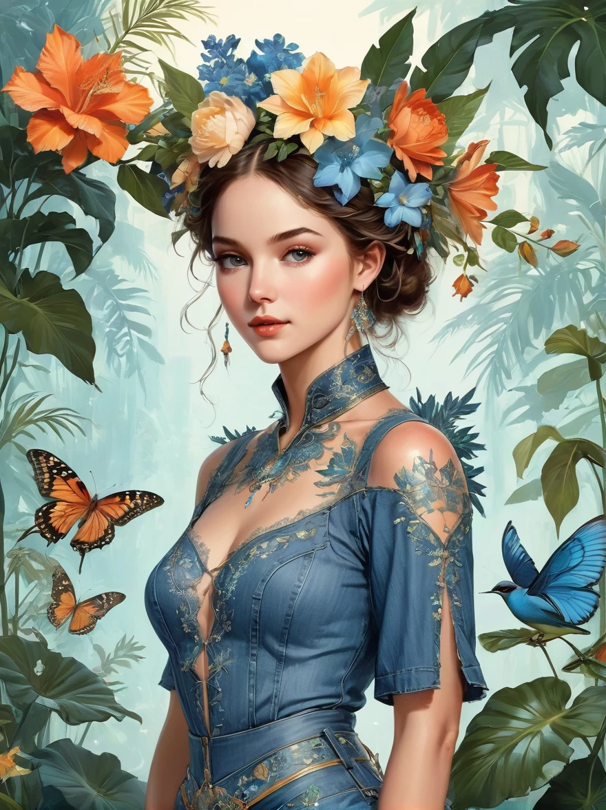 Summer tropical floral forest, at the Victoria's Secret Fashion Show, a Western beautiful girl wearing a denim blue sexy lace-trimmed top, adorned with flowers and plants, perfect symmetrical body shape, beautiful flawless symmetrical face, complex, elegant, very detailed, 8K, digital, trending on Pinterest, "Harper's Bazaar", concept art, sharp focus, illustration, authors: Art Jem, Tom Bagshaw, Lawrence Alma-Tadema, Greg Rutkowski, Norman Rockwell, golden ratio, gentle smile