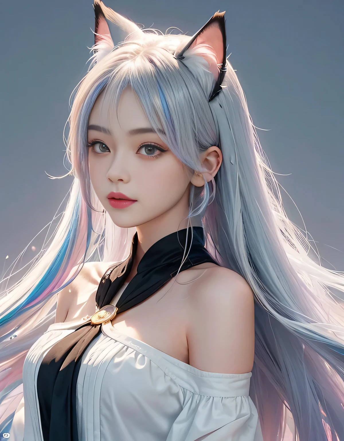 (Black hair cascades down in soft waves, held back by hair bobbles, complementing the long longeyelashes that frame her beautifully solid circle eyes. Her expression is a gentle wince, revealing a light smile and a faint blush on her ears. Her solid circle eyes are adorned with fake animal ears and a subtle fang, adding to her enchanting allure. Her streaked hair glimmers under the atmospheric perspective, bringing a multicolored essence to her mane. In contrast, her white hair shines brightly in stark contrast to her dark blue hair, creating a mesmerizing juxtaposition. With pink hair and hair over one shoulder adding to the diversity of