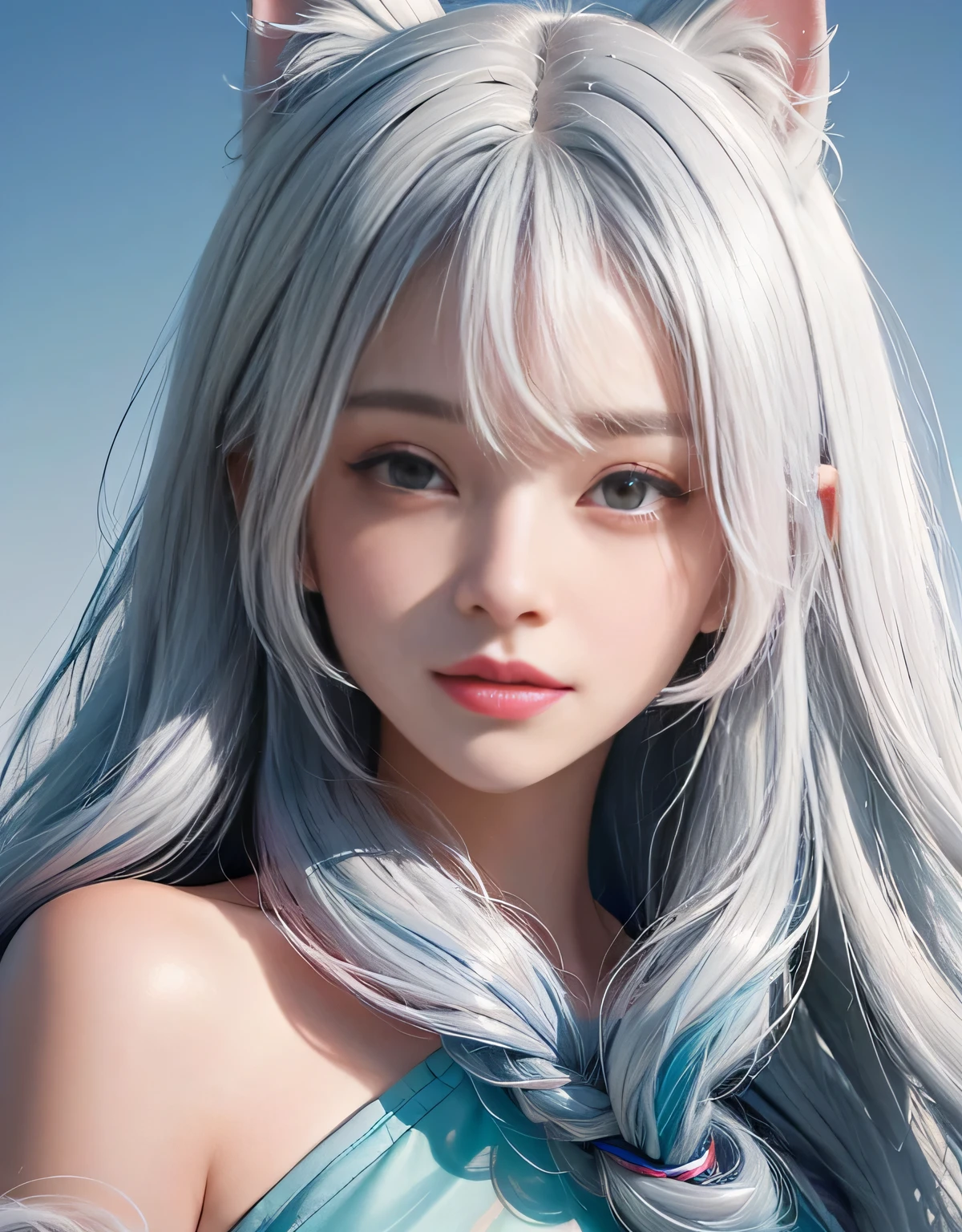 (Black hair cascades down in soft waves, held back by hair bobbles, complementing the long longeyelashes that frame her beautifully solid circle eyes. Her expression is a gentle wince, revealing a light smile and a faint blush on her ears. Her solid circle eyes are adorned with fake animal ears and a subtle fang, adding to her enchanting allure. Her streaked hair glimmers under the atmospheric perspective, bringing a multicolored essence to her mane. In contrast, her white hair shines brightly in stark contrast to her dark blue hair, creating a mesmerizing juxtaposition. With pink hair and hair over one shoulder adding to the diversity of