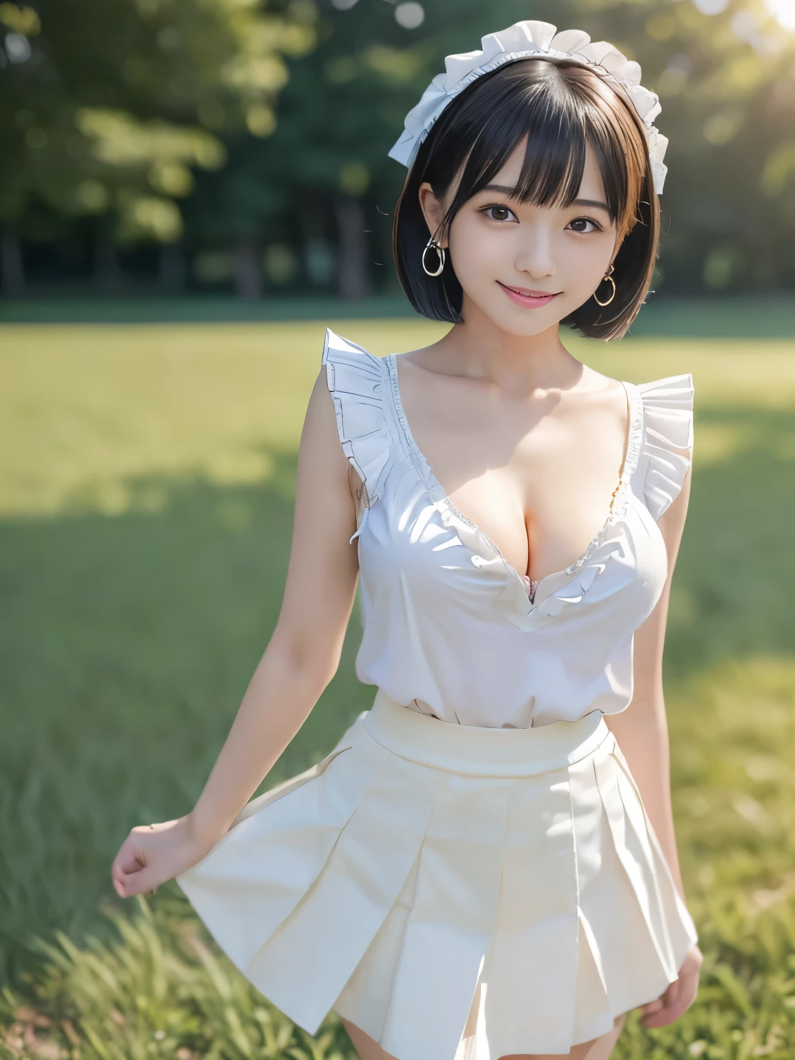 (Masterpiece, Best-quality, RAW-photo, Ultra-High-Resolution, Photorealistic, Very realistic human skin, Sense of reality, Anatomically correct, detailed fingers, NSFW), 
(Thin waist and busty style body, Cleavage, teat, 17-years-old, Realistic Japanese girl, short height), 
((white blouse, frilled skirt, skirt fluttering in the wind)), 
((full length, standing, See photographer, look at viewer, hold the hem of the skirt, head tilt:1.3)), 
(maiko, Round face, Black hair, Black eyes, Moist eyes, Shining eyes, Short bob cut, Bangs, Down-slating eyebrows, one little earring), 
(goddess smile), 
(vast field)
bright lighting