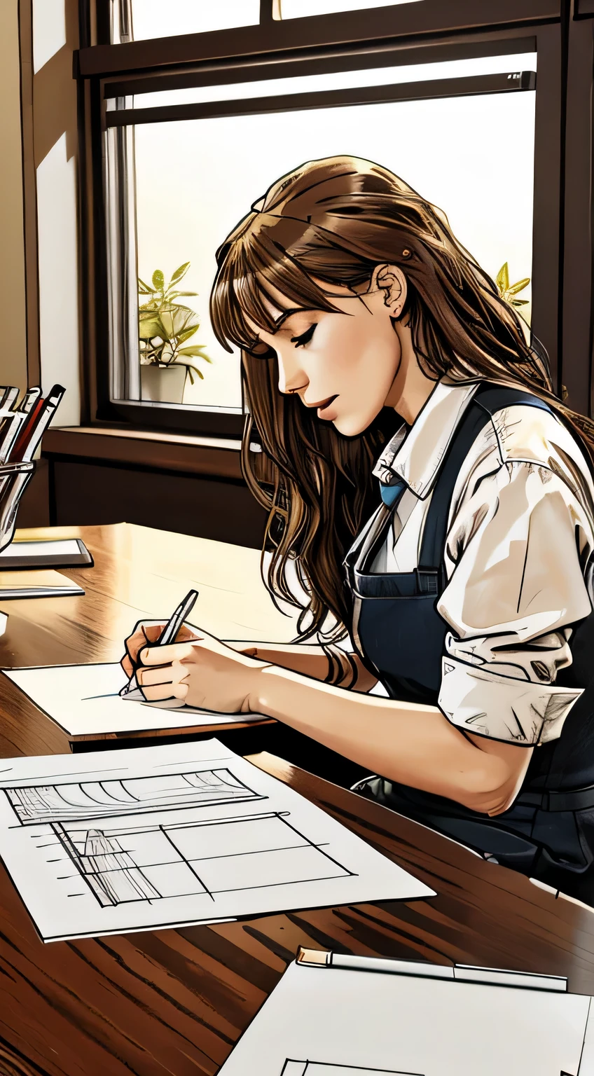 Charlotte can be seen designing something on a paper while sitting on her table