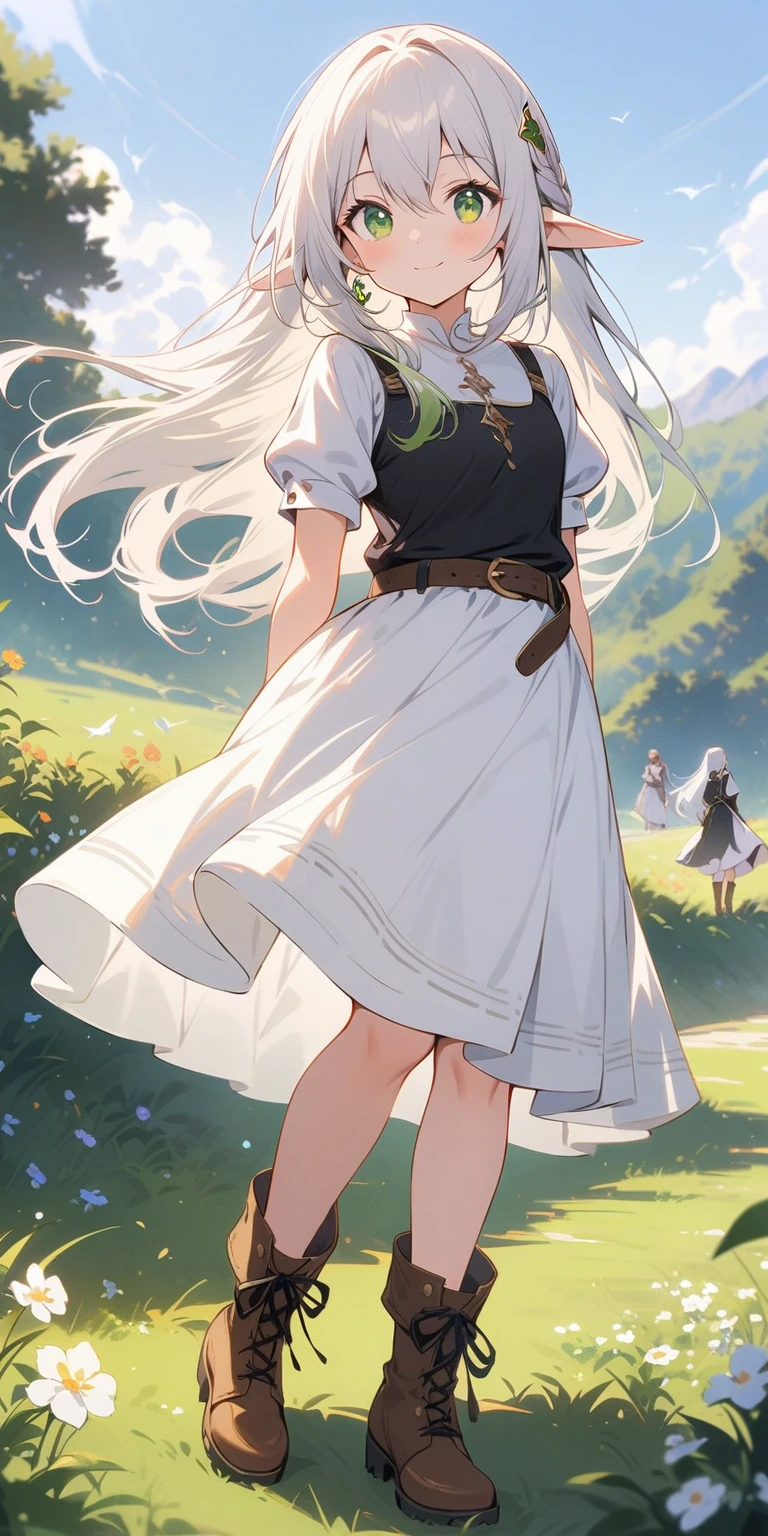 Xin Haicheng style, background blur, depth of field, game scene, masterpiece, HD, best quality, 16K,1 girl, alone, long hair, looking at the audience, Smile, Bangs, Raise your legs high, skirt, Double tail, jewelry, green eyes, permanent, whole body, flower, white hair, earrings, boots, outdoor, sky空, sky, pointed ears, belt, black Raise your legs high, white skirt, Capulet, brown footwear, Put your arms behind your back, Grass, Elf, white Capulet, La Rafael, Uavs, nahida