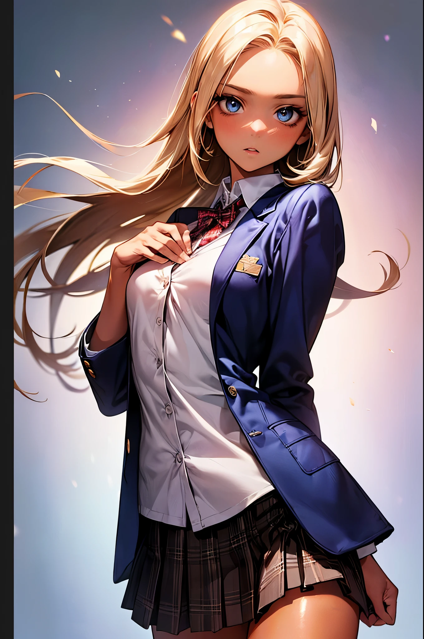 ((perfect anatomy:1.2,realistic:1.3,RAW Photography:1.3,masterpiece、highest quality、Ultra - High resolution、High resolution、Highly detailed CG、8K)),cowboy shot,1 female,solo,18-year-old、High school girl beautiful girl, Japanese,((beautiful detailed face and eyes:1.2,big gorgeous eyes:1.3,)),blonde hair,long hair,(center parted hair:1.4,forehead),medium breasts,slender body,small head:1.3,skinny,(brown skin:1.3),(oily skin,gleaming skin,shiny skin),(school uniform、Dark blue blazer jacket、plaid pleated mini skirt),classroom、School、