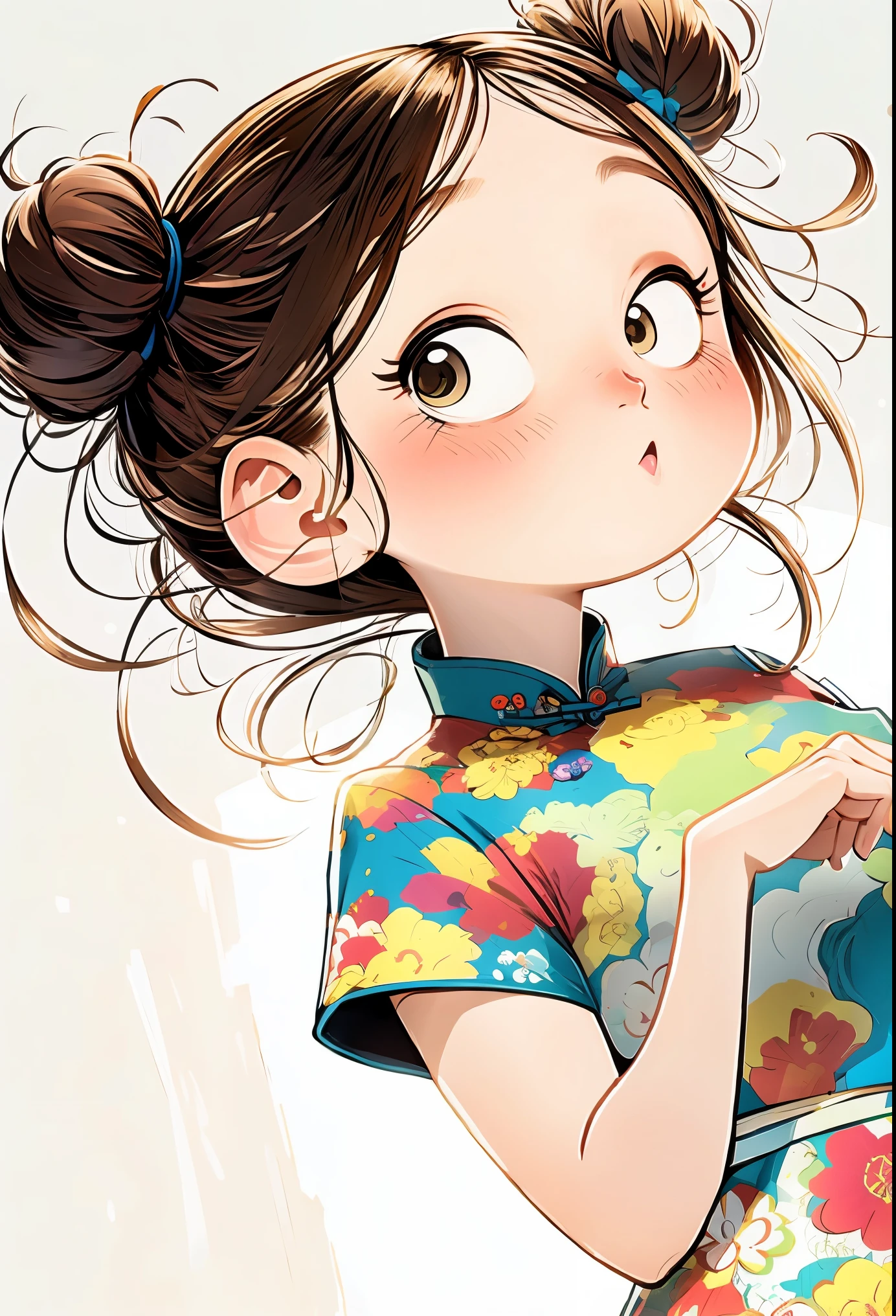 (masterpiece, best quality:1.2), cartoonish character design。1 girl holding a cat, alone，big eyes，Cute expression，Two hair buns，cheongsam，white sneakers，stand，interesting，interesting，clean lines
