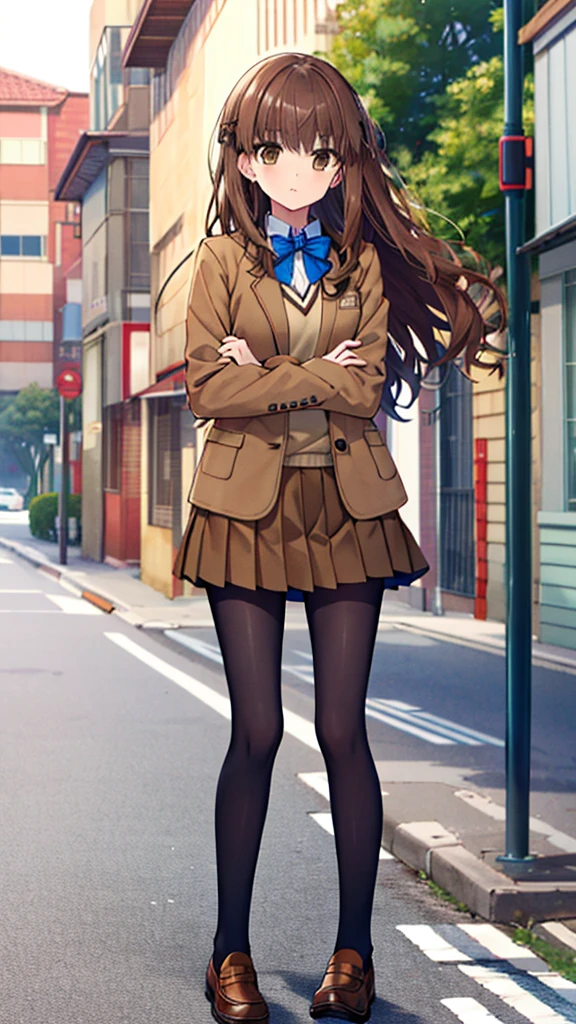 masterpiece, 
一人in, Front view, 
1 girl, Are standing, looking for_in_viewer, 
hakunon, Shirano Kishinami \(woman\), brown hair, (brown eyes:1.4), long hair, straight_hair, 前hair, princess cut, , Jacket, brown Jacket, long sleeve, bow tie, blue bow, blue bow tie, skirt, pleined_skirt, miniskirt, brown skirt, black_pantyhose, pantyhose, shoes, brown footwear, loafers, Octans,outdoor