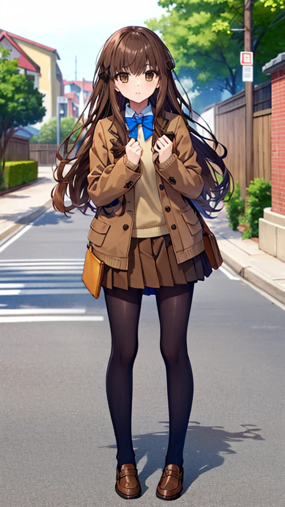 masterpiece, 
一人in, Front view, 
1 girl, Are standing, looking for_in_viewer, 
hakunon, Shirano Kishinami \(woman\), brown hair, (brown eyes:1.4), long hair, straight_hair, 前hair, princess cut, , Jacket, brown Jacket, long sleeve, bow tie, blue bow, blue bow tie, skirt, pleined_skirt, miniskirt, brown skirt, black_pantyhose, pantyhose, shoes, brown footwear, loafers, Octans,outdoor