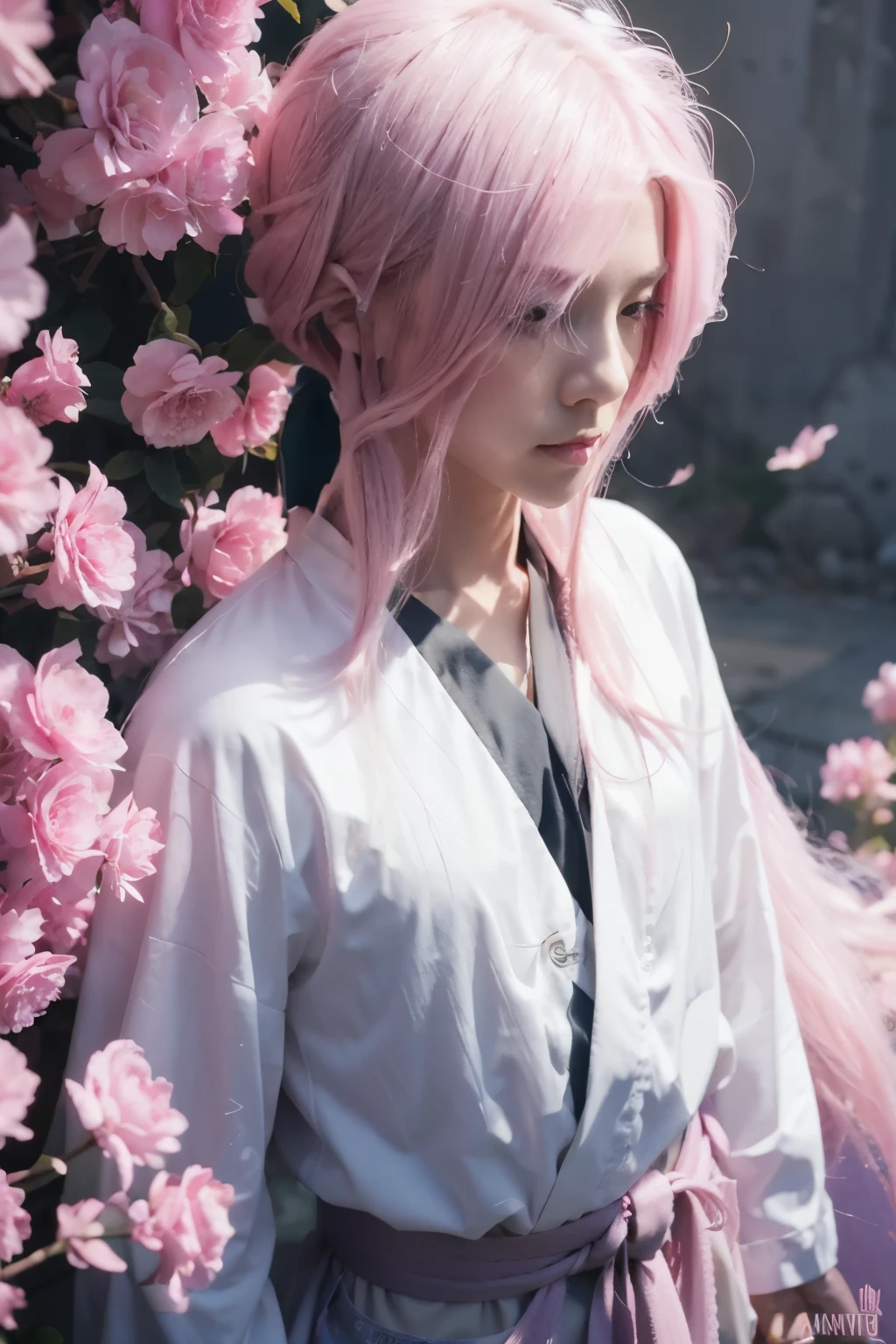 More long pink hair, More long pink hair, More more more long pink hair, make flower is pink too, he wear white kimono, beutiful and gentle, slient, Detail face