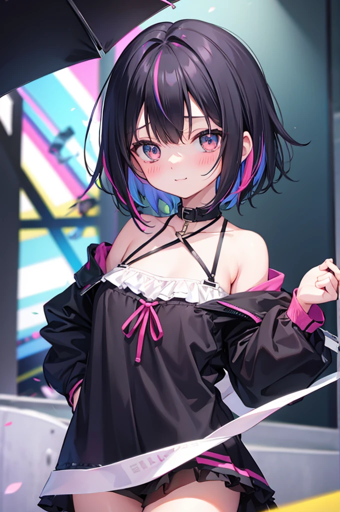 black hair, light smile, ear blush, fang, colored inner hair, streaked hair, short hair, ahoge, gradient eyes, shy eyes, shy, One hand covering the chest, Small breasts, drop shadow, anaglyph, stereogram, tachi-e, pov, zoom layer, anime, 8k, super detail, ccurate, best quality, high details
