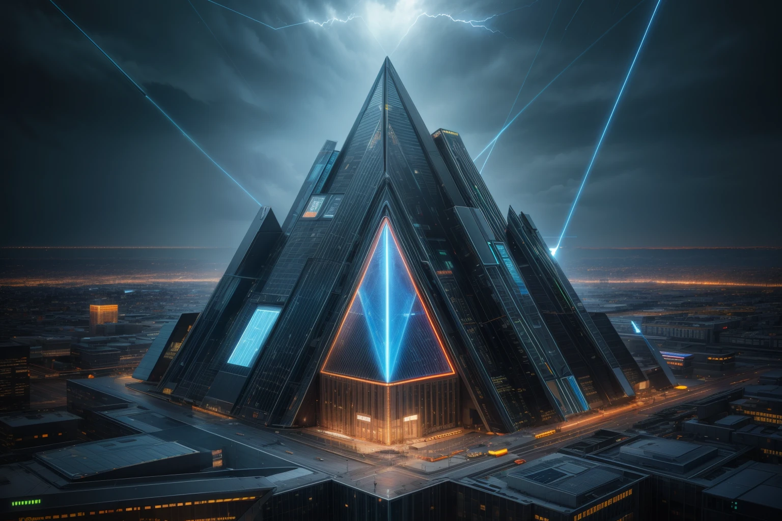 best quality,masterpiece:1.2,ultra-detailed,realistic,photorealistic:1.37,3D rendering,[cyberpunk], a futuristic building,triangular shape,large size,pyramid-like, Giant Geometric Shape,modern design,[neon lights],[vibrant colors],high-tech elements,sleek surfaces,metallic materials,glass windows,intense energy,[electricity sparks],solar panels,interactive holograms,cybernetic enhancements,[rainy weather],mysterious vibes,technological advancements,urban landscape,immersive experience,a building that stands alone.,Surrounding is a wide open area.
