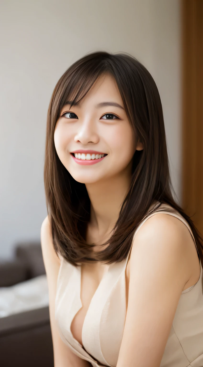 masterpiece,best quality,(Japanese ),((Beautiful girl)),cleavage,(room),(perfect body beauty:1.2),(shy smile),beautiful teeth,