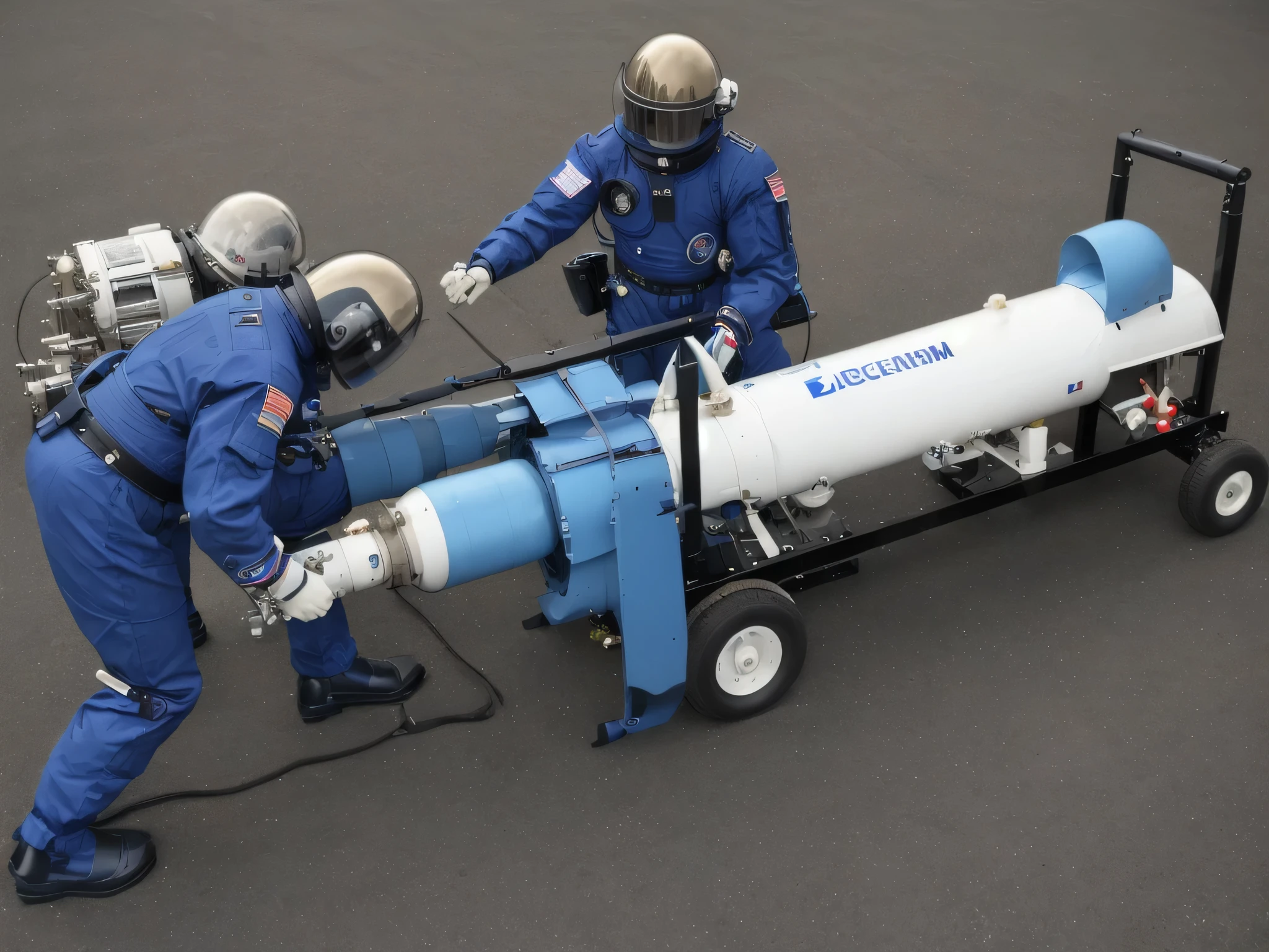 two men in blue uniforms working on a propellor, highly technical, starting engines nitro jet drive, oxygen tank, the other is used for flight, tachikoma, samurai jetstream sam, robot made of jet parts, technical, space pressurized suit, vacuum of space, gas, n-4, n -4, rocket launcher, n- 4