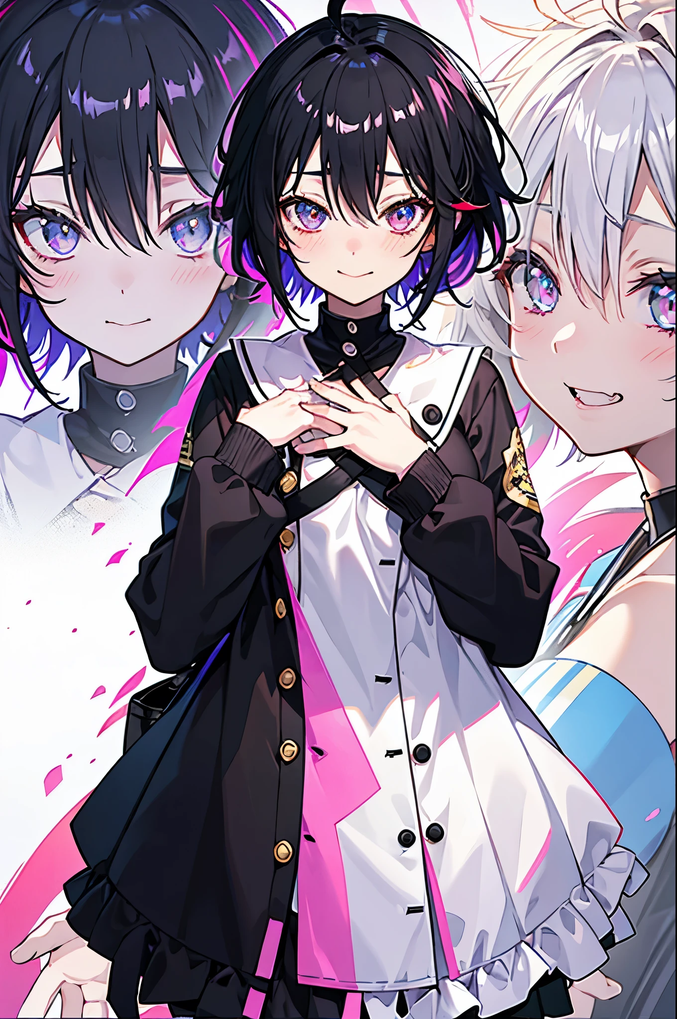 black hair, light smile, ear blush, fang, colored inner hair, streaked hair, short hair, ahoge, gradient eyes, shy eyes, shy, One hand covering the chest, Small breasts, drop shadow, anaglyph, stereogram, tachi-e, pov, zoom layer, anime, 8k, super detail, ccurate, best quality, high details