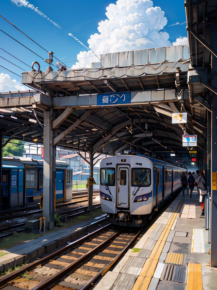 highest quality, beautiful vast plains, Lush, flower, earth, horizon, (Detailed modern station platform with a girl), cumulonimbus, Blue sky, Showers, eki platform, shinkai makoto