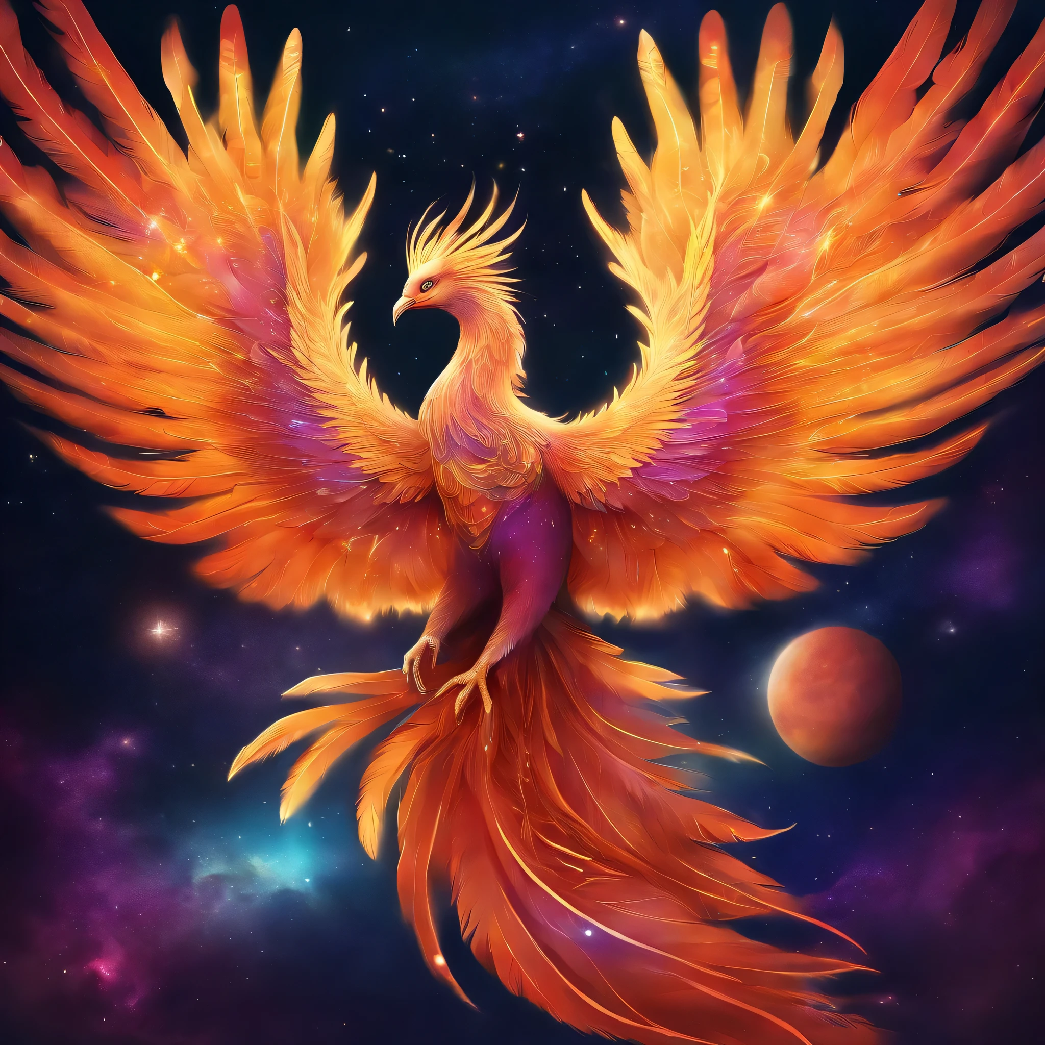 Proud Bright phoenix, flying through deep space with stars and planets in the background highly detailed, wings fully spread out, long tail feathers, perfectly formed feet and claws, realistic detail, UHD, 4k, dream like, surreal,
