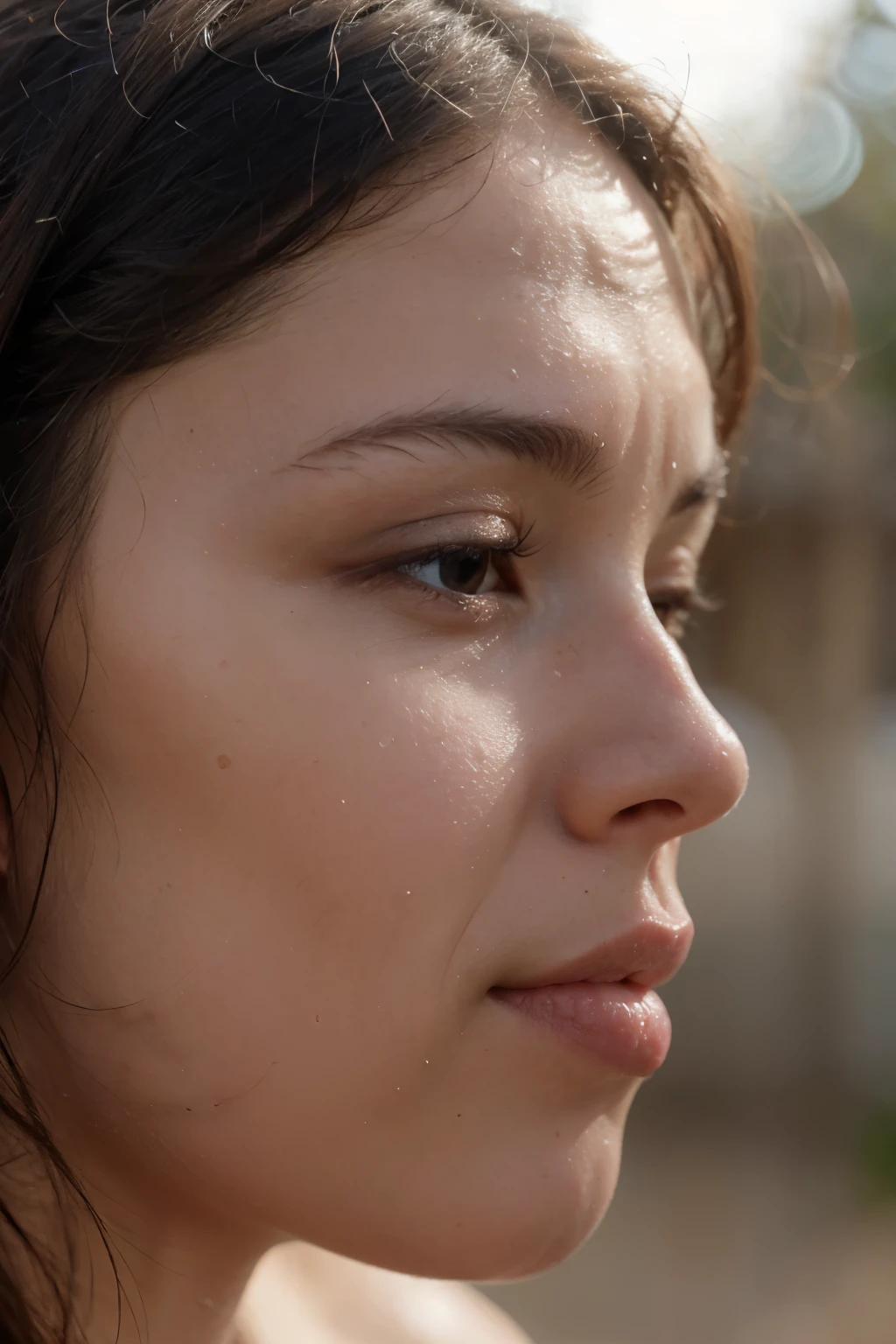 A middle-aged mother, beautiful detailed eyes, beautiful detailed lips, extremely detailed eyes and face, long eyelashes, introspective expression, low angle view, profile, natural lighting, warm color tones, oil painting, cinematic composition, chiaroscuro, dramatic shadows, photorealistic, highly detailed, 8K, best quality, masterpiece