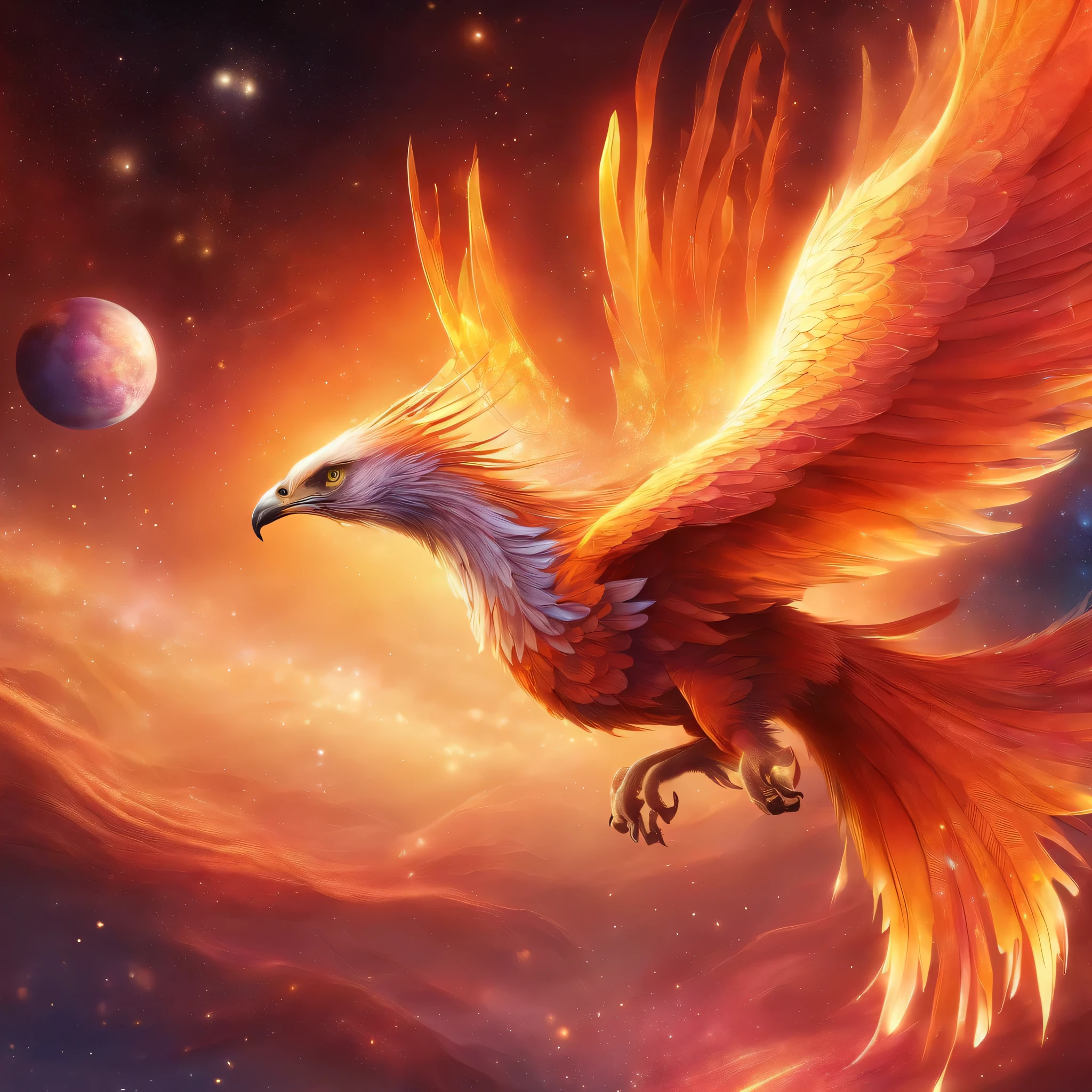 Proud Bright phoenix, flying through deep space with stars and planets in the background highly detailed, wings fully spread out, long tail feathers, perfectly formed feet and claws, realistic detail, UHD, 4k, dream like, surreal,