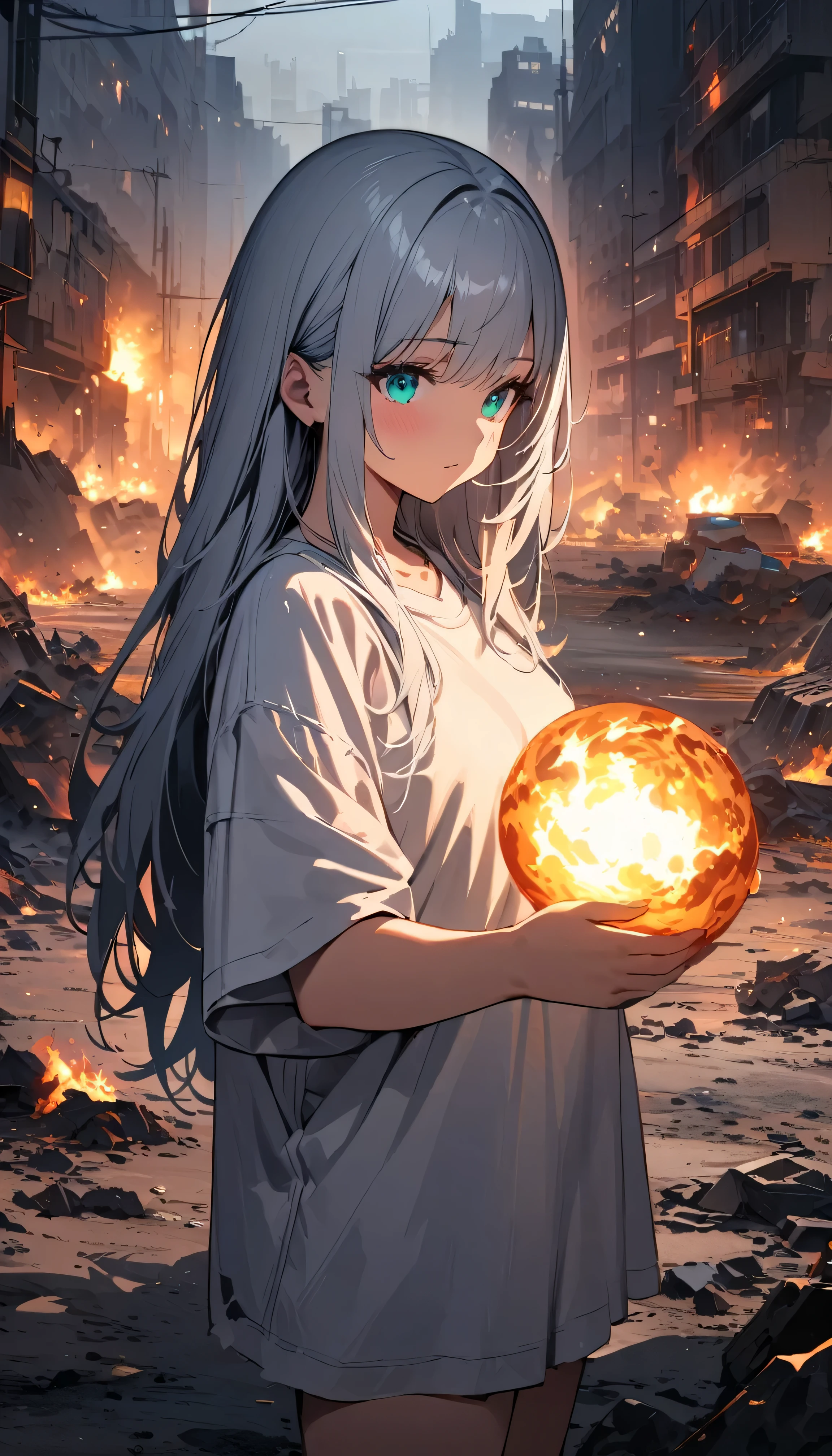 Resolution full, best quality, masterpiece, full HD, beautifull girl, foggy theme, super detailed, 1girl, cute girl, long hair, silver hair, detailed beautiful Aqua eyes, white T - shirt oversized, in wasteland, in burning city and destroyed city. holding fireball, shadows surroundings girl, has a lighting power