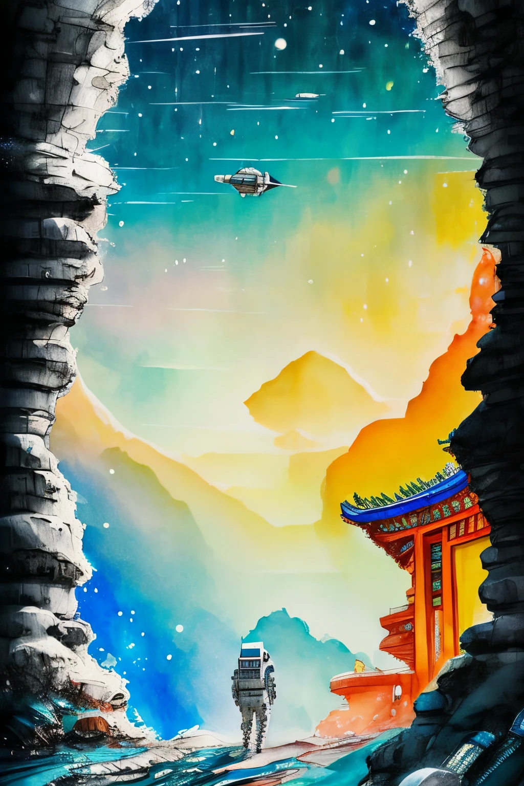 astronaut，Through the window of the spaceship，See the beautiful earth，Thick coating of Chinese comics，Colorful light and shadow，Leave a large area blank，Simple，spacecraft，Spacecraft，space station