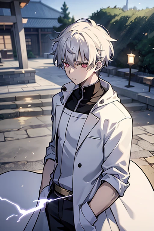 boy with white hair and red eyes, wearing a white suit with a black tailed coat standing in a shrine, a character portrait inspired by Okumura Togyu, trending on pixiv, shin hanga, tall anime guy with red eyes, hajime yatate, male anime character, handsome guy in demon slayer art, profile picture 1024px, keqing from genshin impact, solo