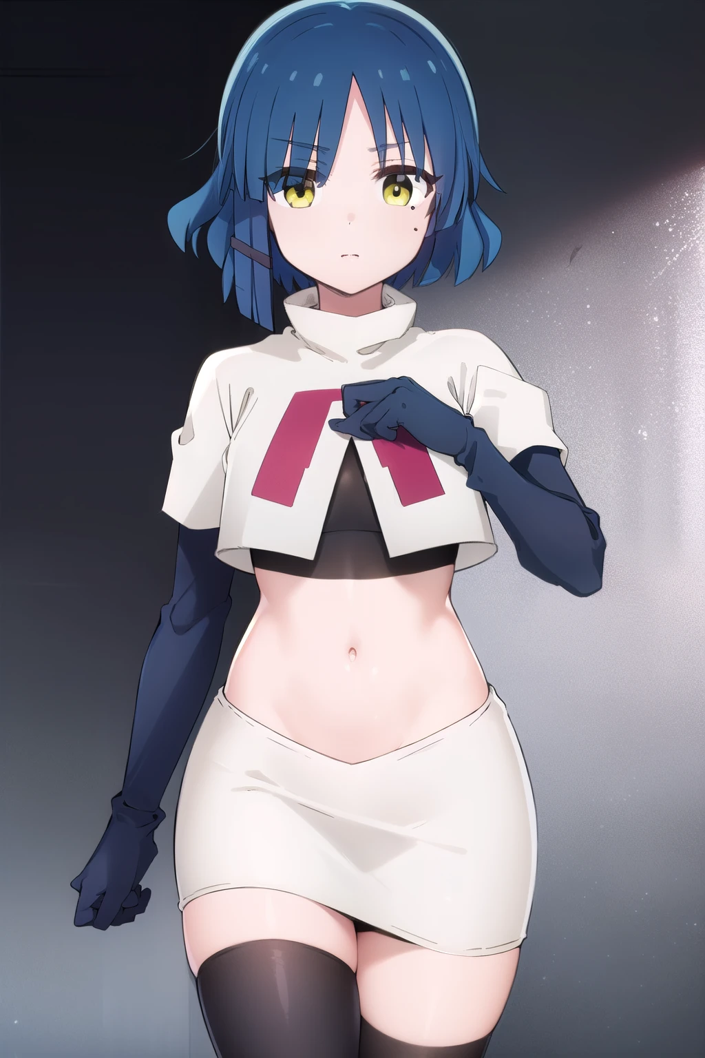 ryouyamada, ryou yamada, blue hair, eyes visible through hair, mole, mole under eye, short hair, (yellow eyes:1.3), hairclips,
BREAK team rocket,team rocket uniform,white skirt,red letter R,crop top,black thigh-highs,black elbow gloves
BREAK looking at viewer, (cowboy shot:1.5),
BREAK (masterpiece:1.2), best quality, high resolution, unity 8k wallpaper, (illustration:0.8), (beautiful detailed eyes:1.6), extremely detailed face, perfect lighting, extremely detailed CG, (perfect hands, perfect anatomy),