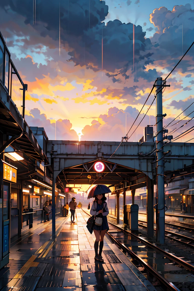 highest quality, beautiful vast plains, Lush, flower, earth, horizon, (Detailed modern station platform with a girl), cumulonimbus, Sunset, sudden rain, eki platform, shinkai makoto