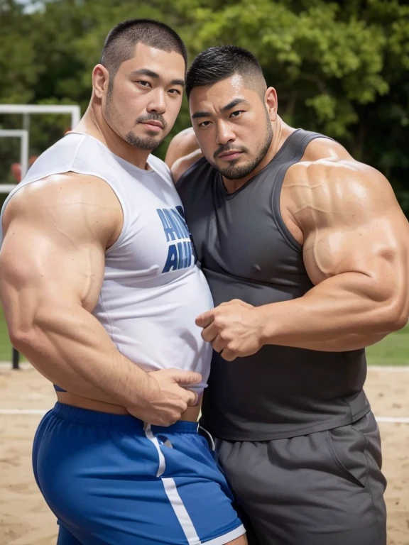 (sexy look:1.2), (hugging each other:1.2), (sports wear:1.2), (at play ground:1.2), Japanese man, manly face, (round face:1.2), (monolid eyes:1.2), (crew cut:1.2), very large and strong body, bulky body, beefy muscles, (bulging muscles:1.2), (very large pectoral muscles:1.2), (muscular arms:1.2), muscular abs, muscular legs, muscular back, bright oily skin, (realistic:1.2), distant view