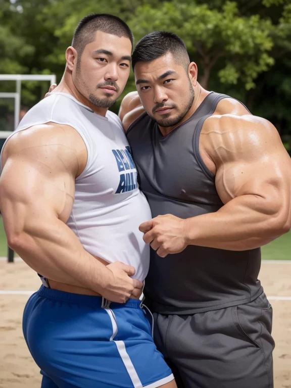 (sexy look:1.2), (hugging each other:1.2), (sports wear:1.2), (at play ground:1.2), Japanese man, manly face, (round face:1.2), (monolid eyes:1.2), (crew cut:1.2), very large and strong body, bulky body, beefy muscles, (bulging muscles:1.2), (very large pectoral muscles:1.2), (muscular arms:1.2), muscular abs, muscular legs, muscular back, bright oily skin, (realistic:1.2), distant view